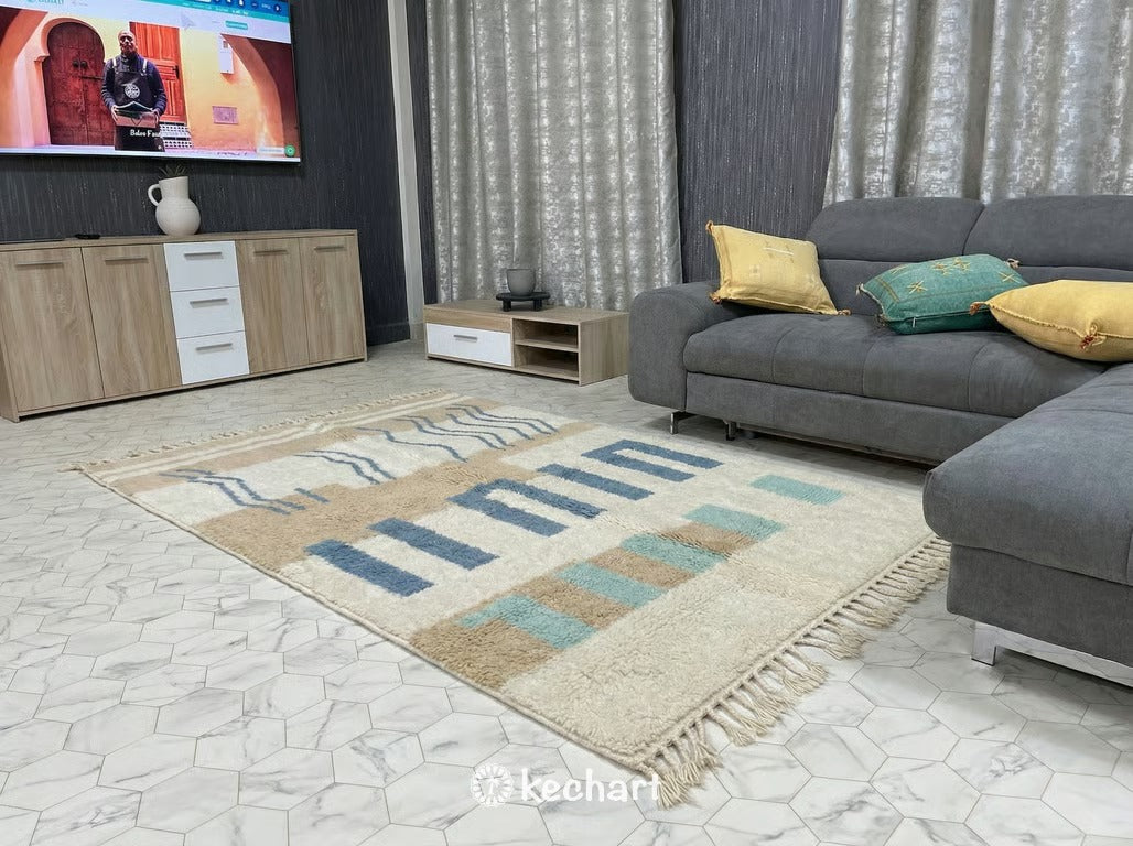 Custom Beni Ourain Wool Rug - Made to Order Dusty Blue & Aqua Haze Diamond Pattern