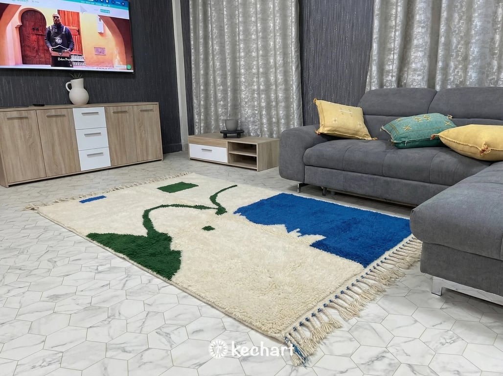 Custom Size Beni Ourain Rug - Handwoven Moroccan Wool in Cream, Blue & Green