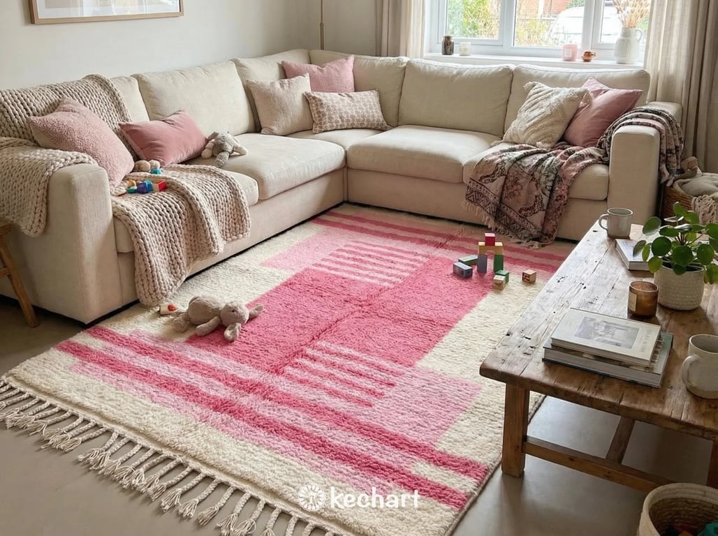 Custom Beni Ourain Rug - Soft White & Candy Pink Geometric Diamond Pattern