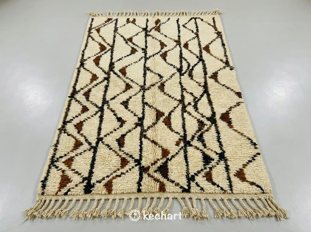 Custom Size Beni Ourain Moroccan Rug flat lay showing plush wool texture in Sierra, Saffron, Sandy Beige, and Leather Brown geometric diamond patterns with traditional fringe.