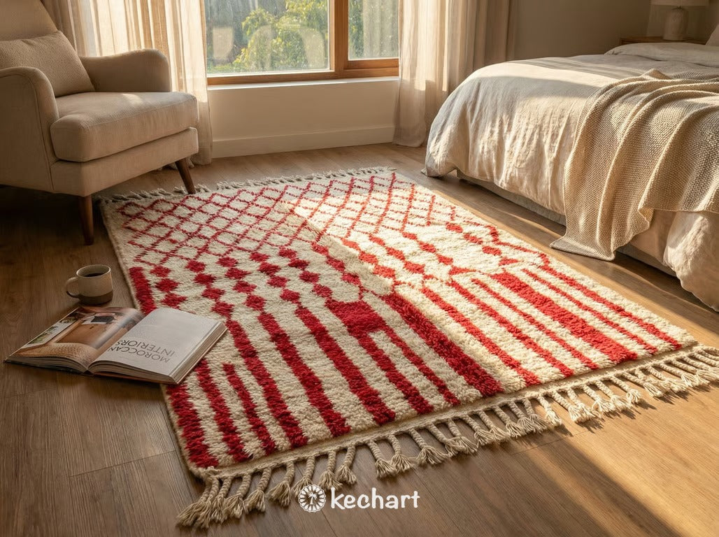 Custom Beni Ourain Rug in 'Red Alert' - Made to Order Moroccan Wool Area Rug with Geometric Diamonds