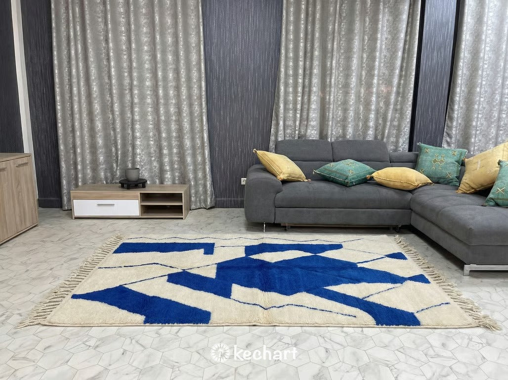 Custom Beni Ourain Rug - Made to Order Moroccan Wool Rug in Cream & Cobalt Blue