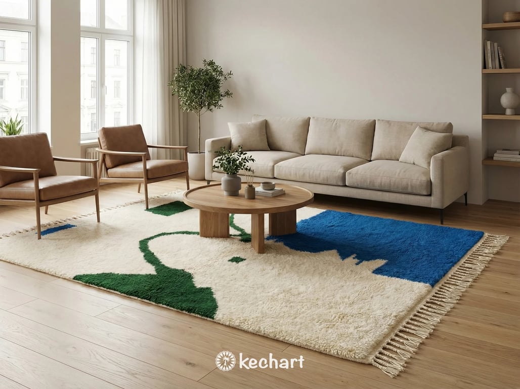 Plush Beni Ourain shag rug placed under a bed in a cozy bedroom, highlighting the thick pile and handwoven geometric craftsmanship.