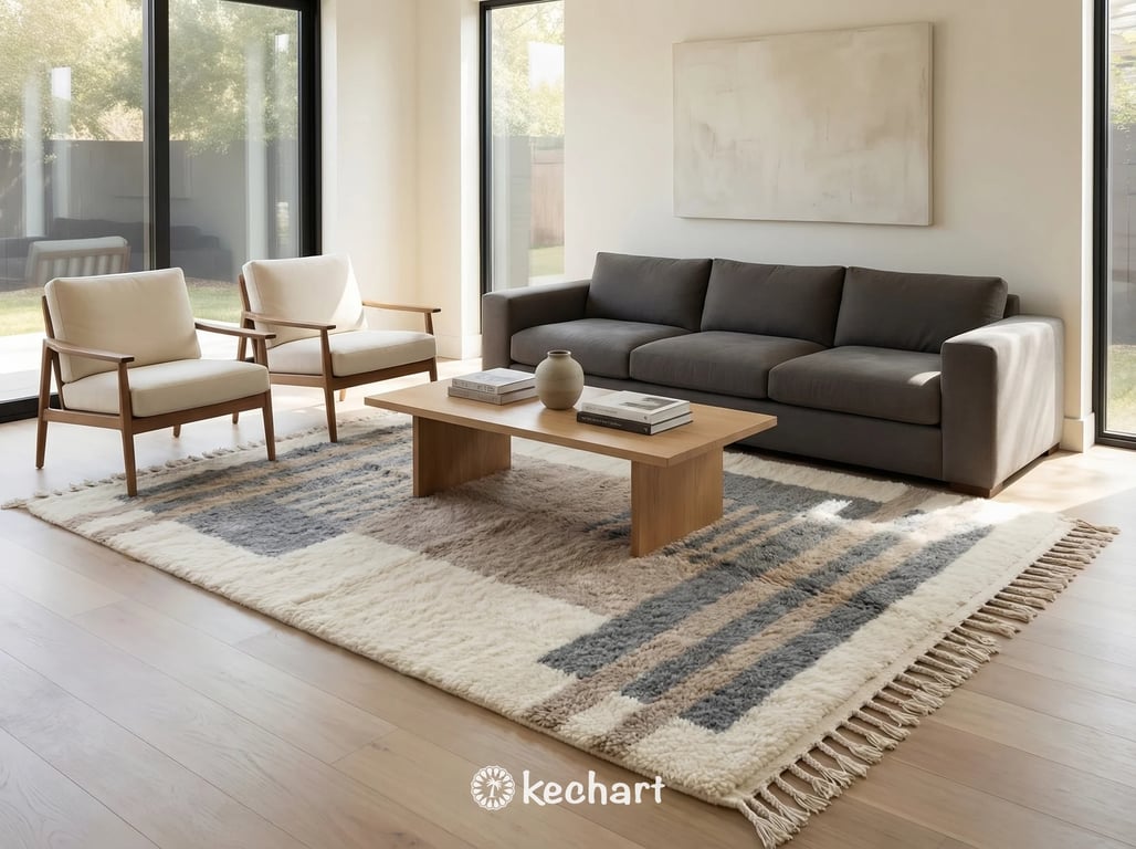 Made to order Beni Ourain area rug anchoring a modern living room with a linen sofa and minimalist decor, highlighting the soft white and cool grey colors.