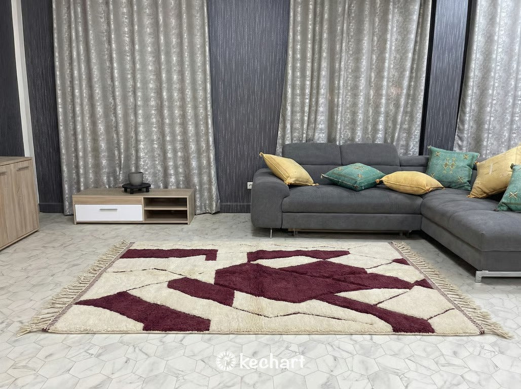 Custom Beni Ourain Moroccan Rug - Cream and Bordeaux Diamond Pattern