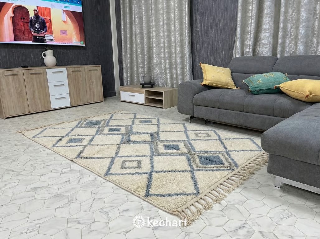 Custom Beni Ourain Rug - Handwoven Moroccan Wool with Organic Blue & Grey Pattern