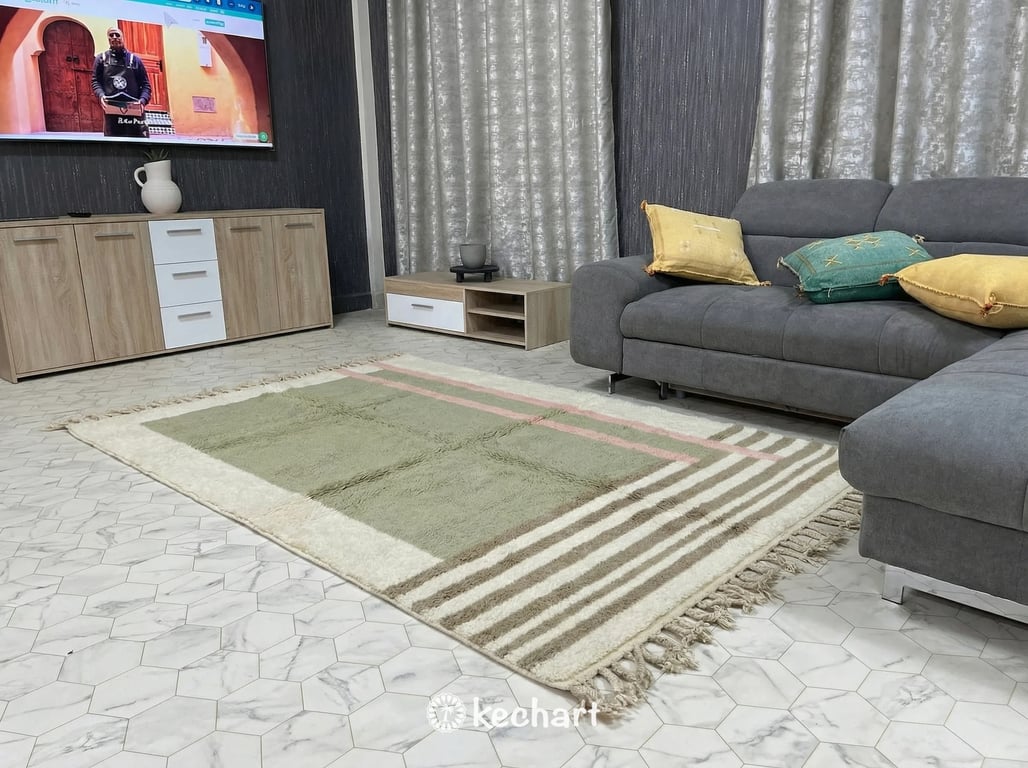 Close-up detail of the hand-knotted wool pile and traditional fringe of a made-to-order Beni Ourain rug, highlighting artisanal quality and soft color palette.