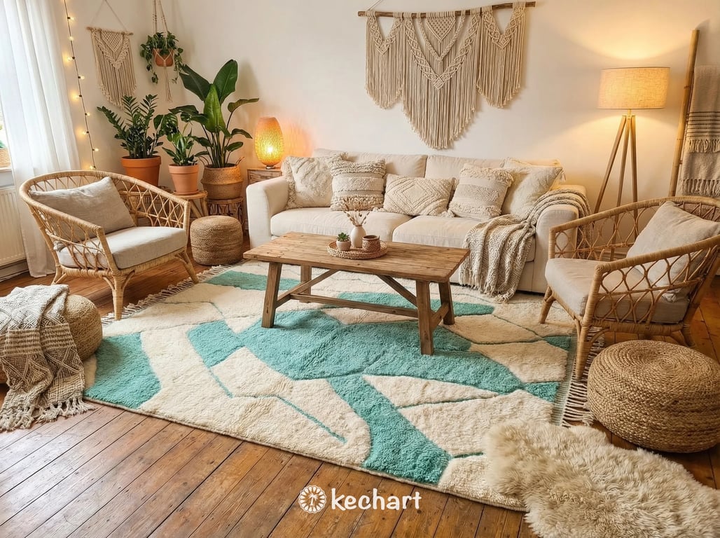 Close-up detail shot of handwoven high-pile Beni Ourain sheep wool showing the quality of the cream fibers and the precise weaving of the mint green diamond motif.