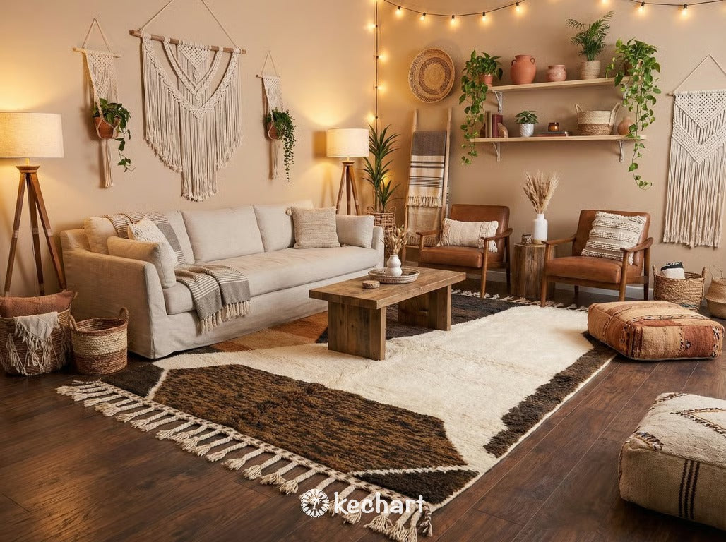 Large custom Beni Ourain area rug in cream and warm browns anchoring a luxury modern living room with a linen sofa and wooden coffee table.