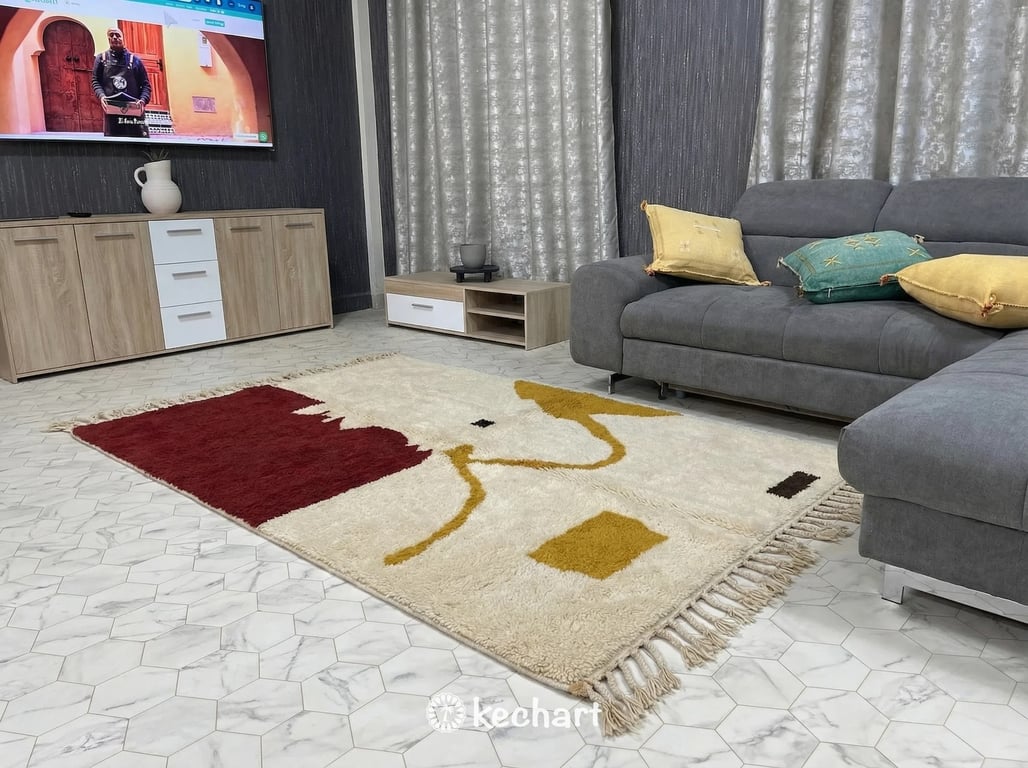 Custom Size Beni Ourain Rug - Handwoven Geometric Wool, Earth Tones & Red