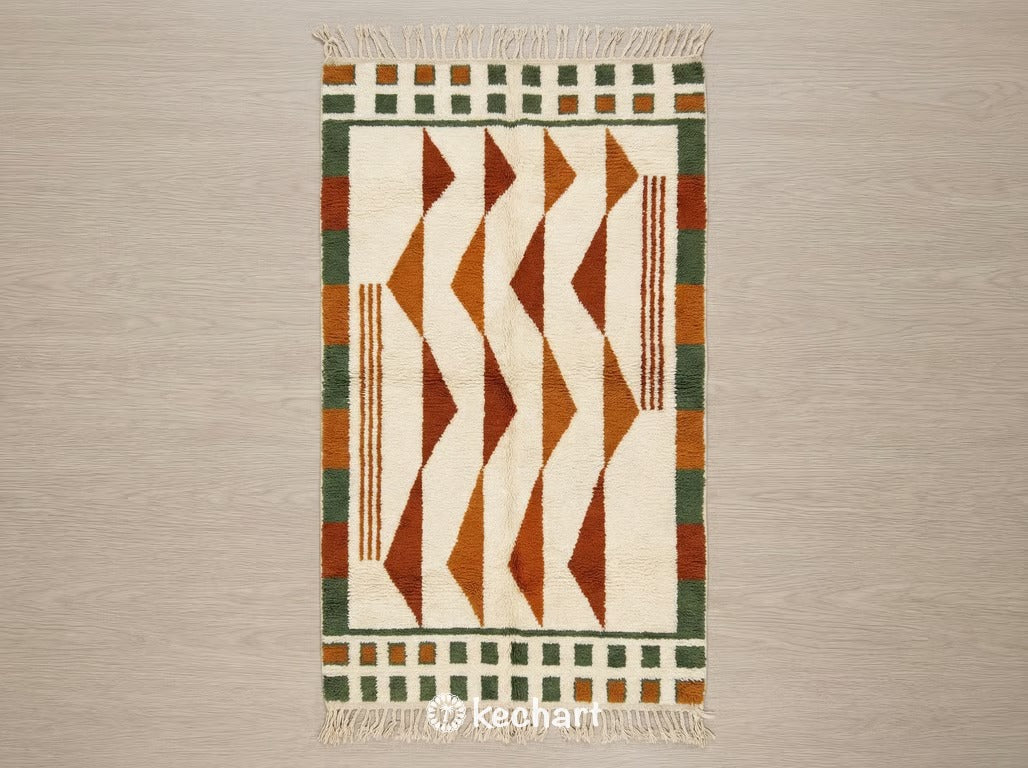 Custom Beni Ourain Moroccan wool rug showing plush texture and geometric diamond pattern in rust, beige, and earth tones with traditional fringe.
