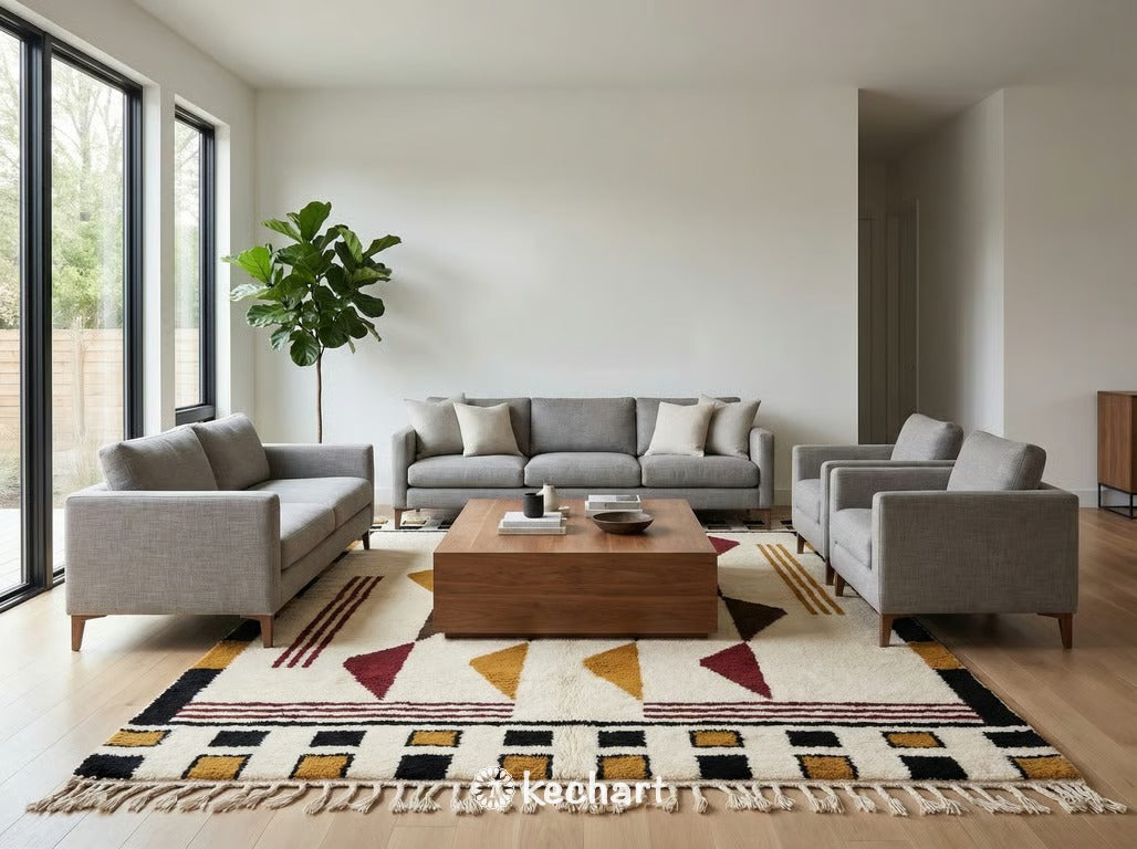 Bespoke geometric Moroccan rug used in a sunlit dining area, providing soft flooring and an artistic focal point beneath a wooden table