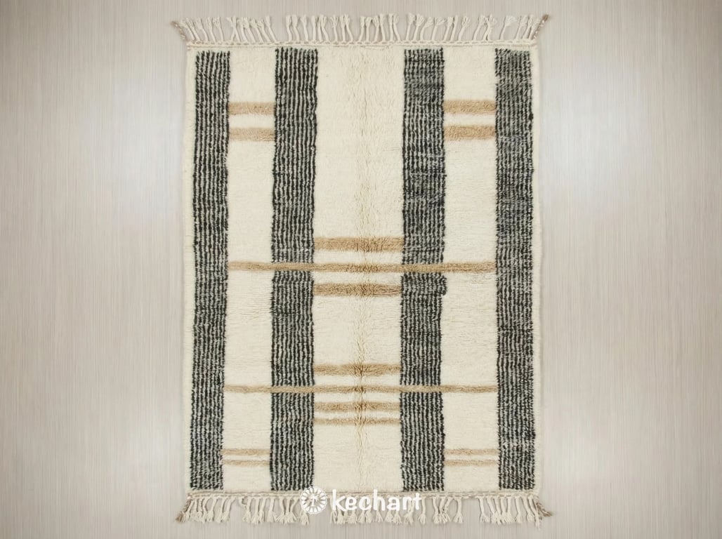 Close up of custom made-to-order Beni Ourain Moroccan wool rug showing plush texture, traditional fringe, and geometric diamond pattern in soft nude beige, warm taupe, and greige tones.