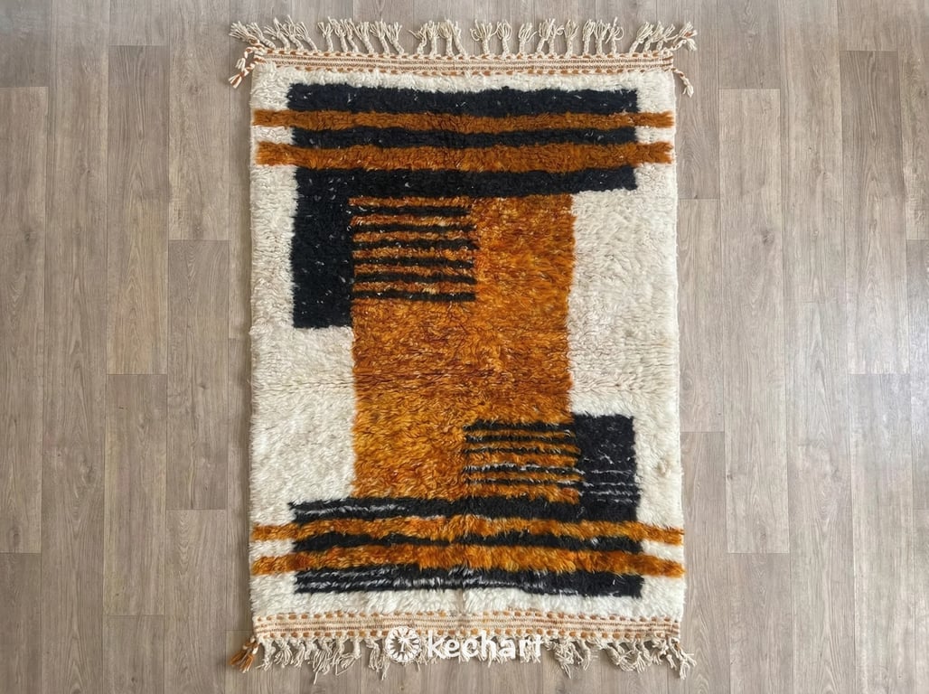 Custom made Beni Ourain Moroccan wool rug featuring geometric diamond pattern in warm earth tones of sierra, saffron, sandy beige, and leather brown with traditional fringe flat lay.