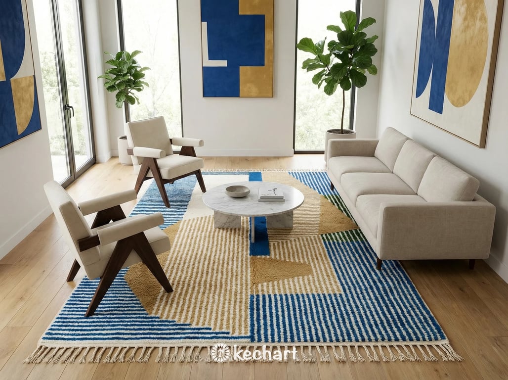 Plush Moroccan shag rug in a cozy master bedroom setting, placed partially under a king-size bed adding texture and warmth with blue and gold color pops.