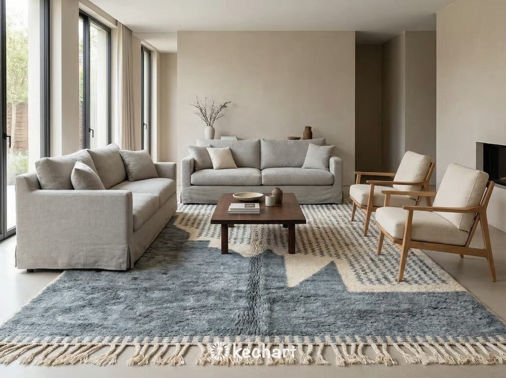 Soft cream and grey Berber wool rug in a modern nursery setting, providing a cozy texture on wooden floors next to a white crib.