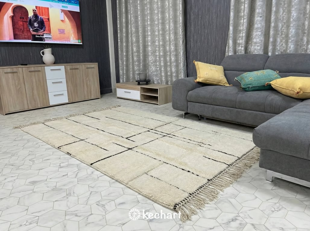 Bohemian chic nursery setting showing a medium-sized custom geometric Moroccan wool rug complementing natural wood furniture and soft textiles.
