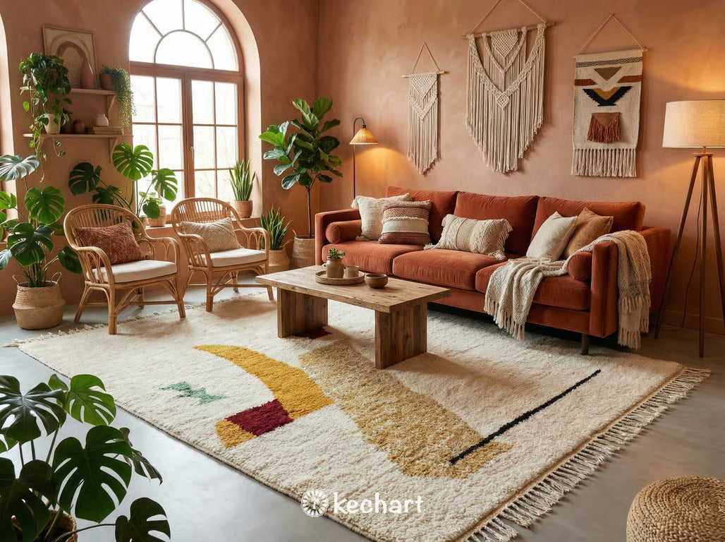 Plush Moroccan Beni Ourain Area Rug Anchoring a Modern Bohemian Living Room with a Neutral Linen Sofa and Wooden Coffee Table