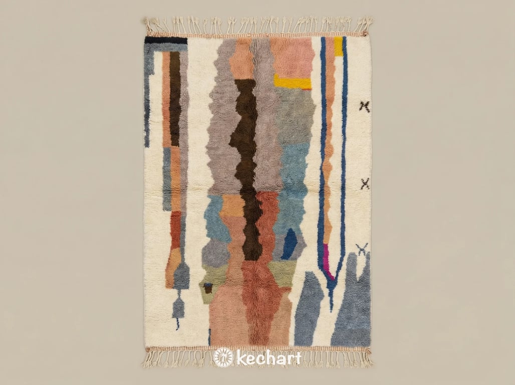 Custom made Beni Ourain Moroccan wool rug with plush shaggy pile, soft cream and beige geometric diamond pattern, and traditional fringe.