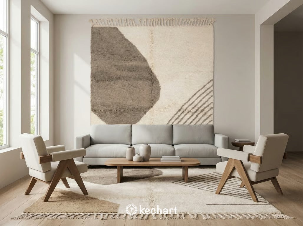 Close-up detailed view of the high-pile Beni Ourain wool texture and hand-knotted fringe of the custom taupe Moroccan rug.