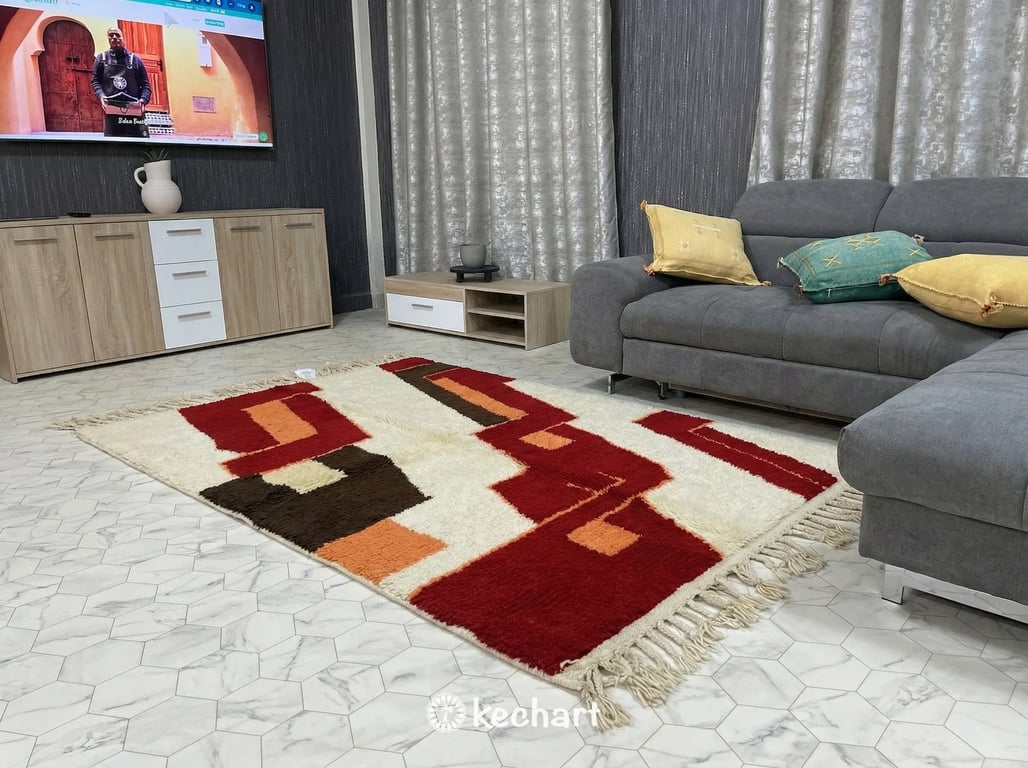 Close-up detail of the thick, handwoven wool pile and traditional fringe of a custom Beni Ourain rug, highlighting the natural texture and colorful dyes.