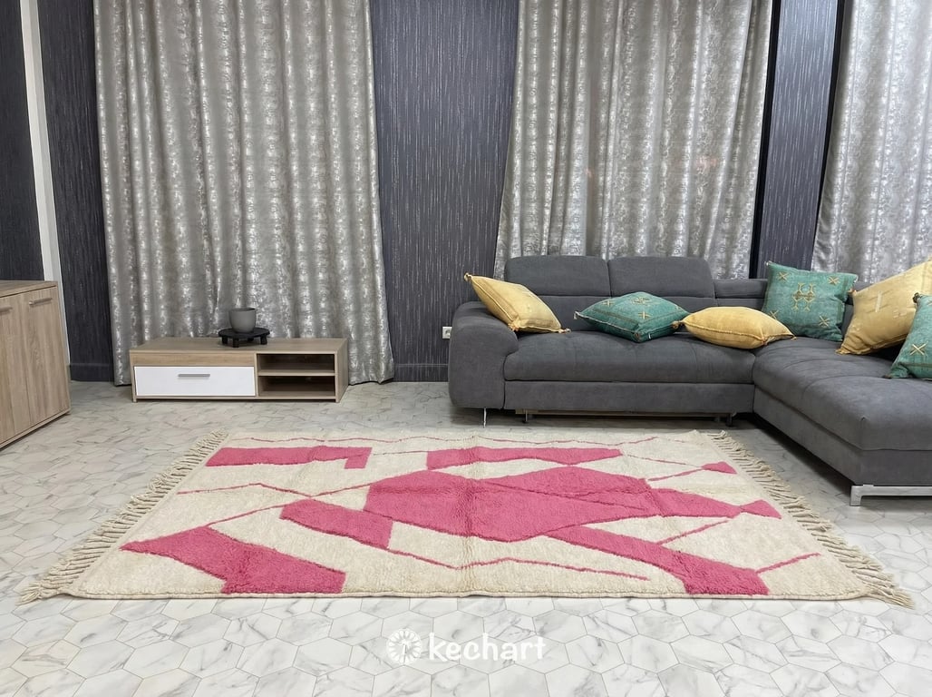 Custom Beni Ourain Rug | Made to Order Moroccan Wool | Cream & Pink Diamonds