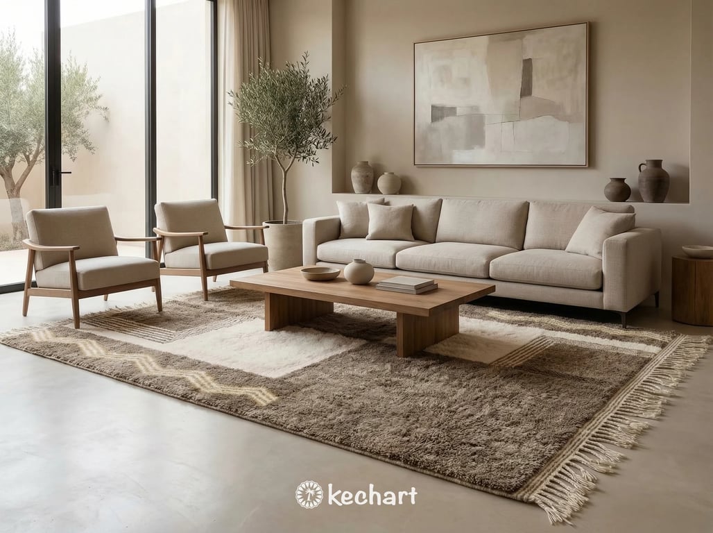 Large custom Beni Ourain area rug anchoring a minimalist living room with a white linen sofa and organic wooden coffee table.