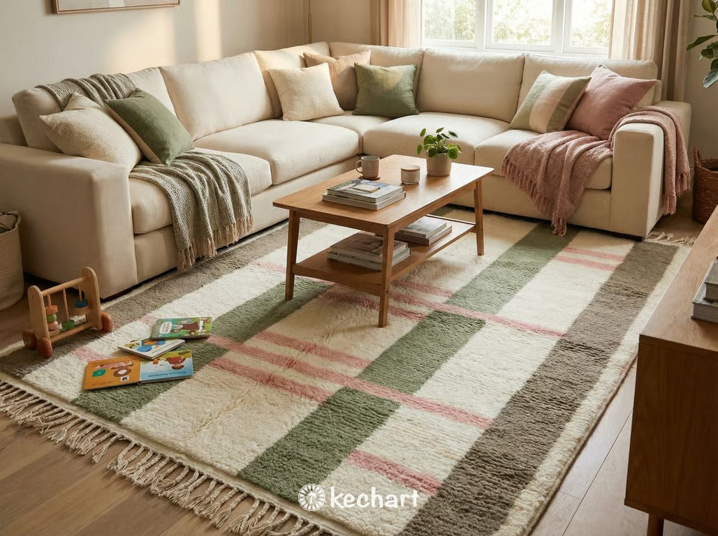 Custom Beni Ourain Rug - Made to Order Sage Green & Pink Diamond Wool Rug