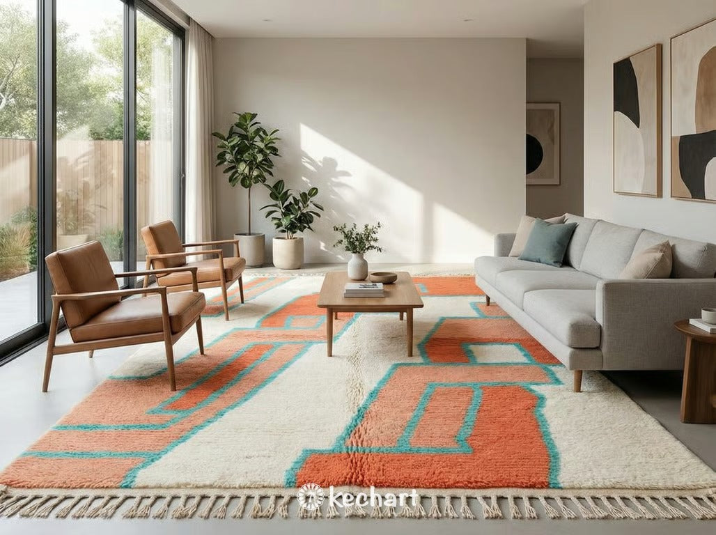 Colorful handwoven Berber rug in coral and turquoise tones adding warmth and texture to a modern nursery room.