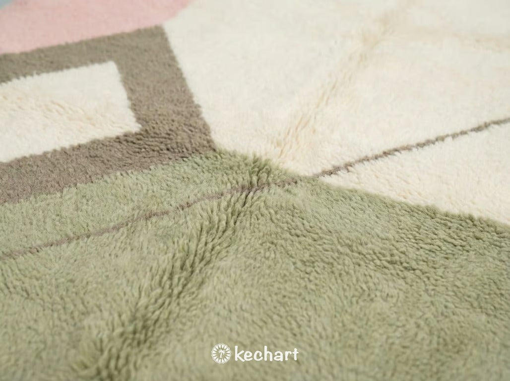 Custom Size Beni Ourain Rug - Moroccan Wool Rug in Sage & Pink Geometric