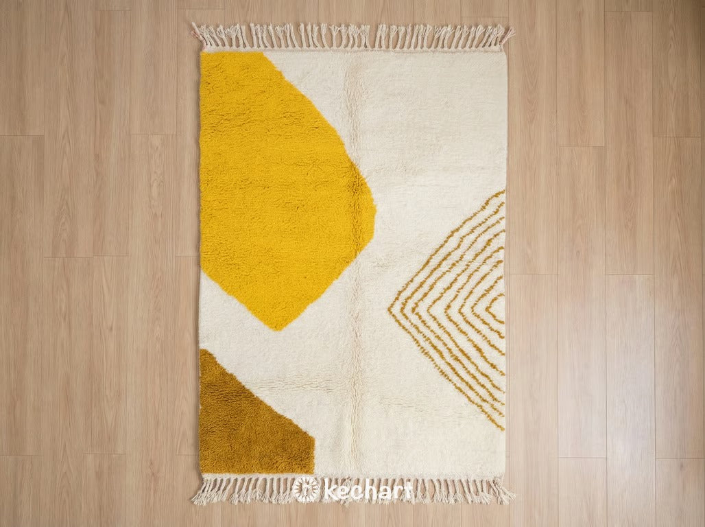 Flat lay texture shot of custom Beni Ourain rug showing thick cream wool pile with sunflower and curry yellow geometric diamond patterns and traditional fringe.