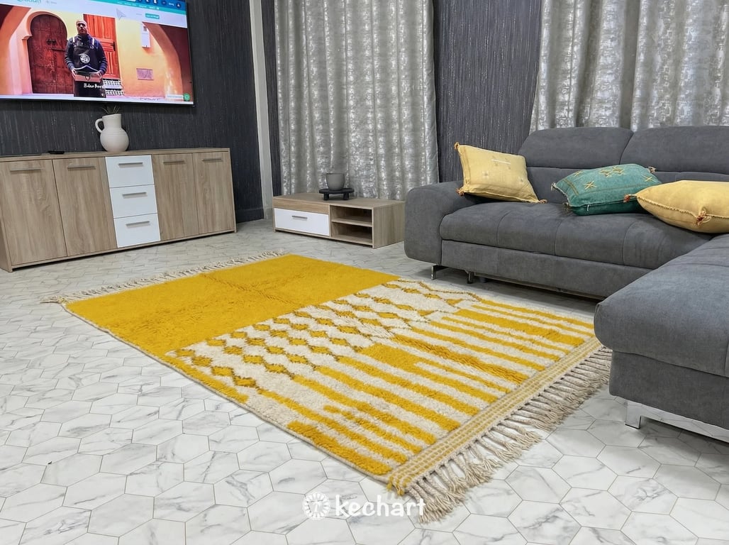 Close-up shot of the thick handknotted wool pile of a custom yellow Moroccan rug showing artisanal quality and medium density diamond design.