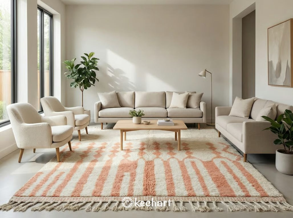 Soft, high-pile Berber wool rug in light salmon with dark diamond motif, adding warmth and texture to a chic nursery or child's playroom setting.