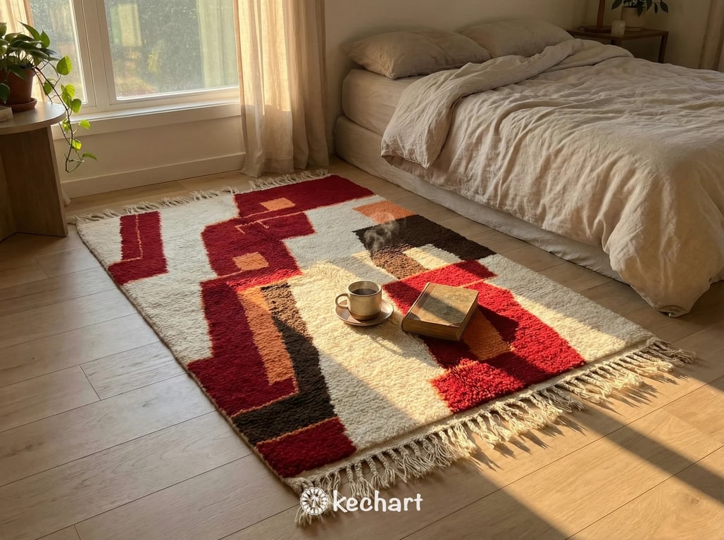 Custom Beni Ourain Rug - Handmade Moroccan Wool in Crimson, Orange & Cream
