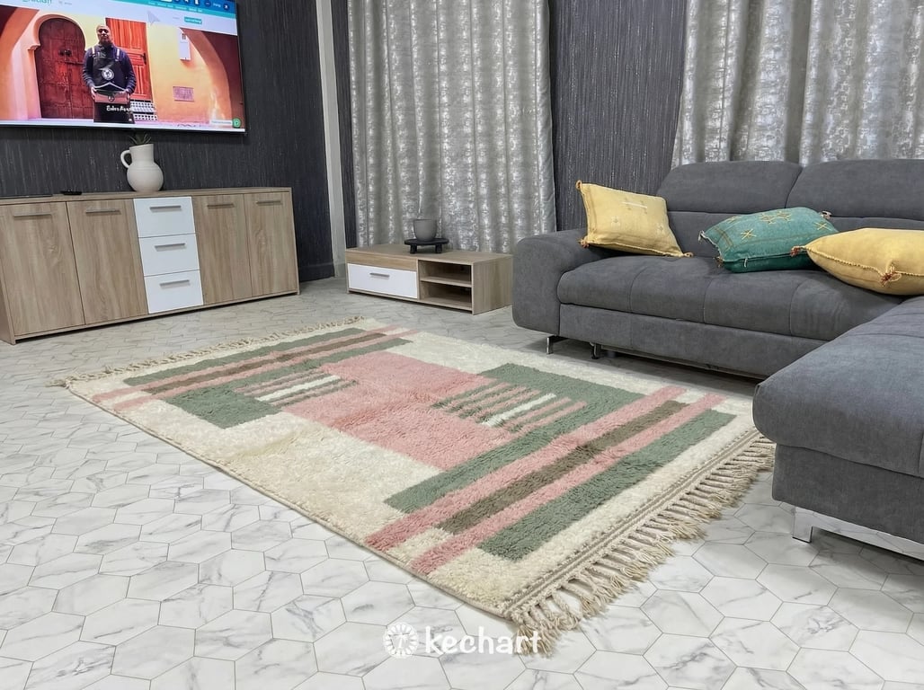 Custom Beni Ourain Rug - Made to Order Moroccan Wool, Sage & Pink Geometric