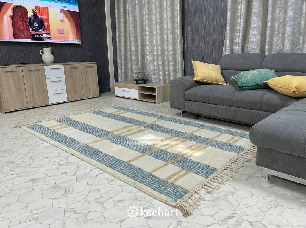 Custom Size Beni Ourain Rug - Handwoven Moroccan Wool in Dusty Blue & Cream