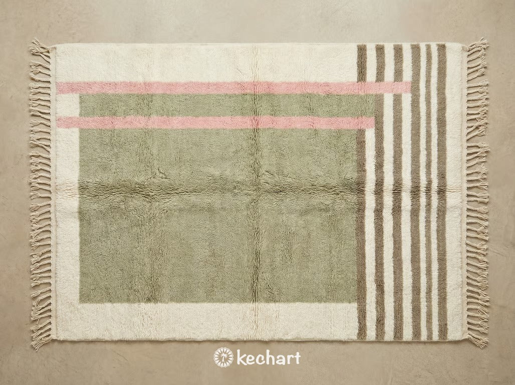 Handwoven Custom Beni Ourain Moroccan Rug showing plush wool texture in soft white with sage green, powder pink, and taupe geometric diamond patterns and traditional fringe.