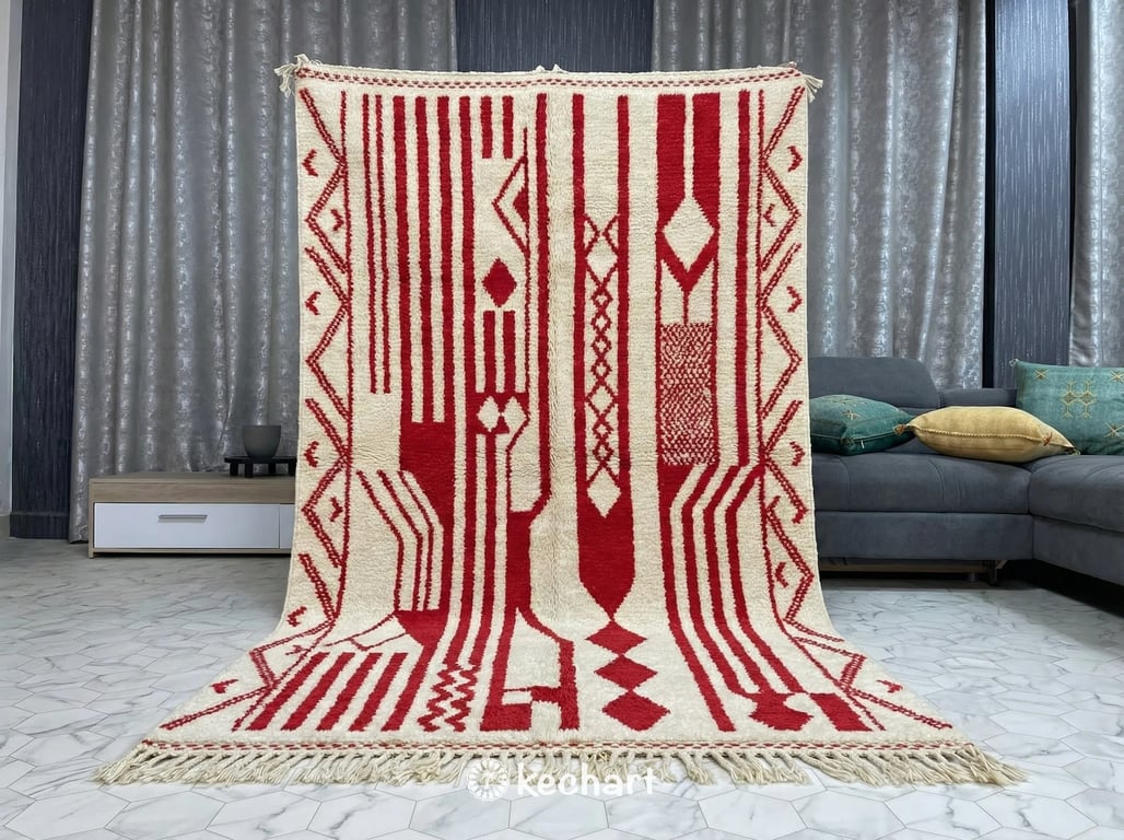 Modern bohemian living room featuring a large custom cream and red Beni Ourain area rug anchoring a neutral sofa and wood coffee table.