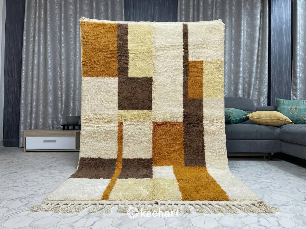 Close-up detail of the hand-knotted high pile wool texture showing the intricate weaving and rich color variations of the gold and toffee diamond design.