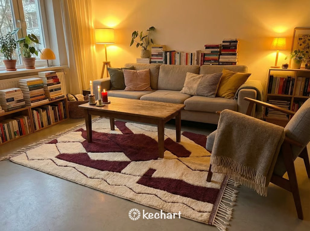 Custom Beni Ourain Moroccan Rug - Cream and Bordeaux Diamond Pattern