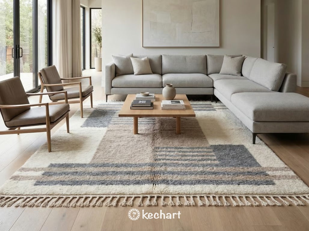 Handwoven Beni Ourain rug in a neutral nursery setting, providing a soft and plush play area with its thick wool construction and calming geometric design.
