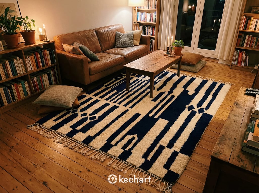 Custom Size Beni Ourain Rug - Handwoven Moroccan Wool in Cream & Midnight Navy