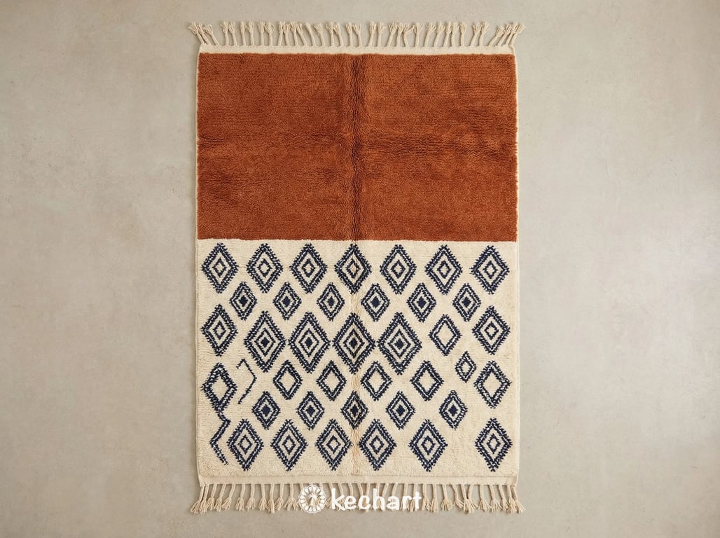 Custom made Beni Ourain Moroccan wool rug showing plush texture, warm cream base with geometric diamond pattern in rust and midnight navy blue colors, and traditional braided fringe details.