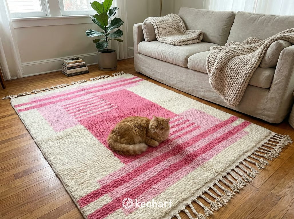 Custom Beni Ourain Rug - Soft White & Candy Pink Geometric Diamond Pattern