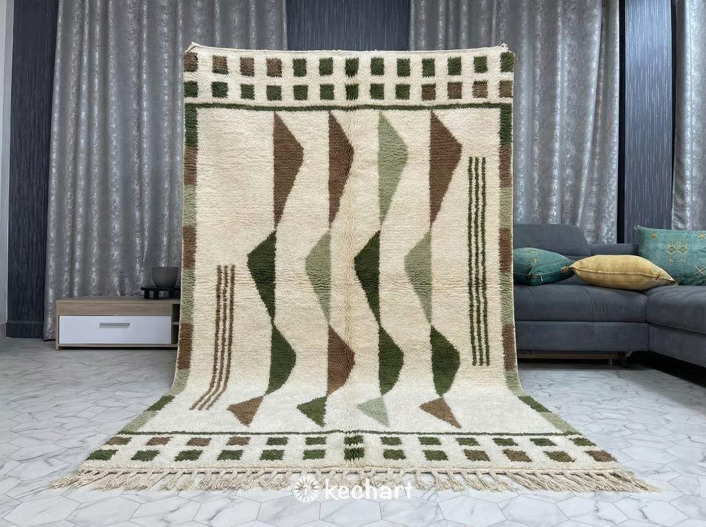 Custom Beni Ourain Moroccan Rug - Plush Wool, Olive & Sage Diamonds