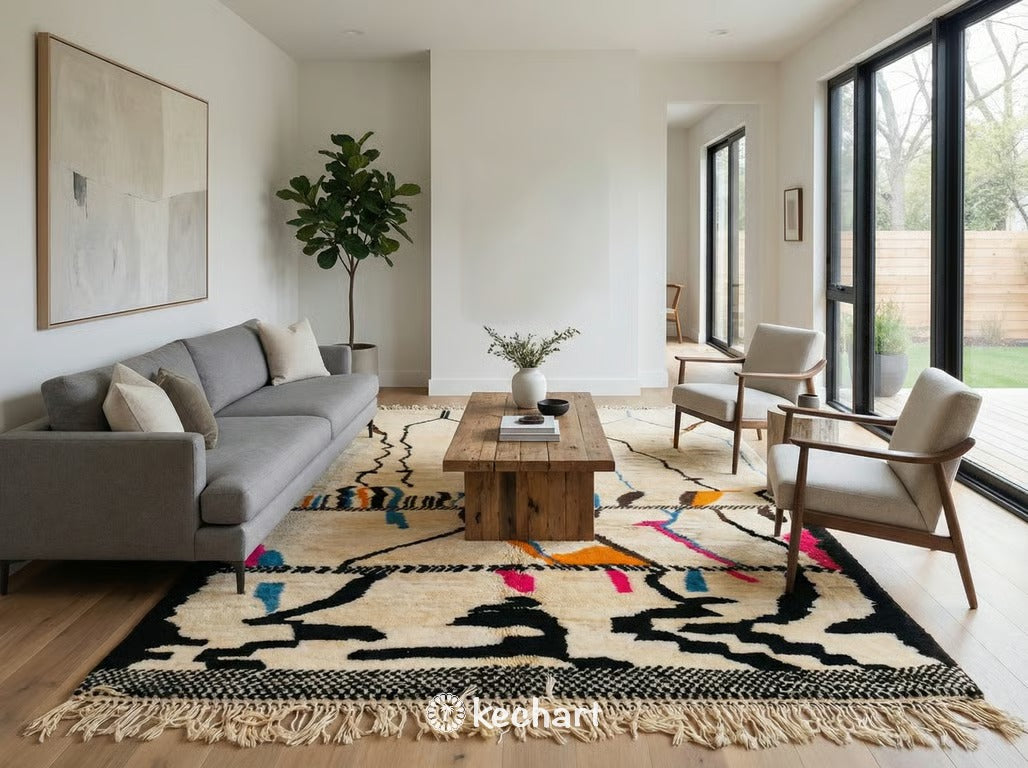 Made-to-order shaggy Beni Ourain area rug anchored in a bohemian living room, contrasting with a modern cream sofa and wooden coffee table.