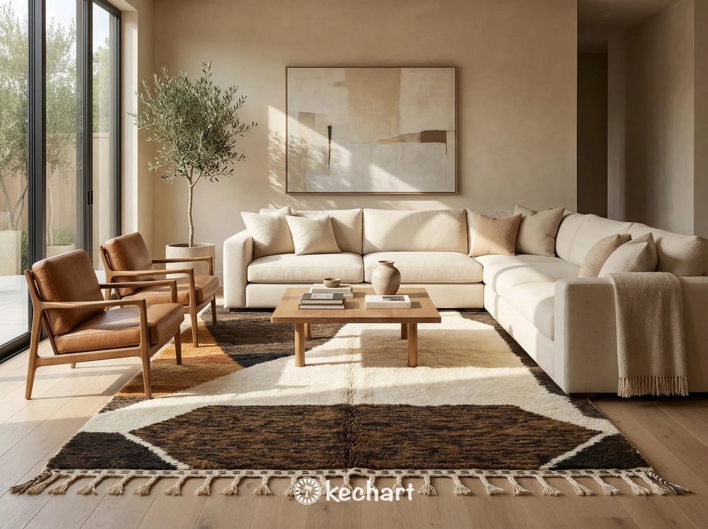 Plush handmade Moroccan shag rug with geometric diamonds placed beneath a king-size bed in a serene, neutral-toned master bedroom.