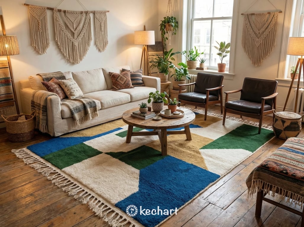 Modern bohemian living room featuring a large, colorful custom Moroccan Beni Ourain shag rug anchored beneath a velvet sofa and mid-century coffee table.