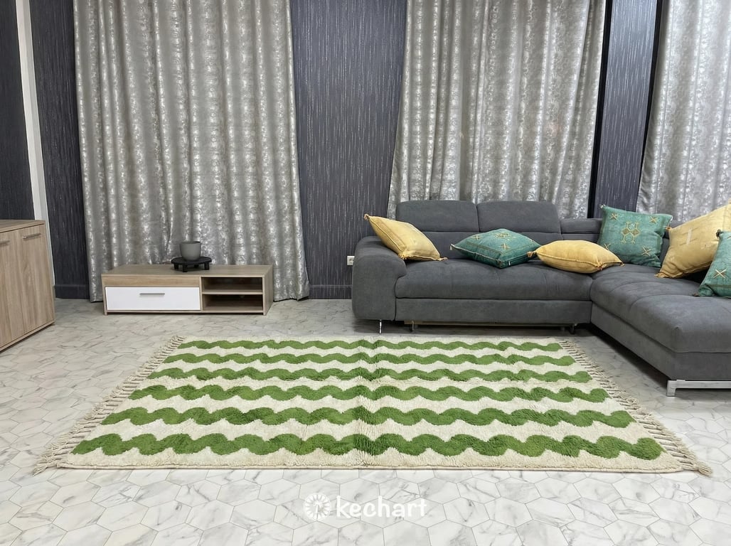 Close-up detail shot demonstrating the high pile texture, natural wool fiber variations, and hand-knotted craftsmanship of the green pattern.