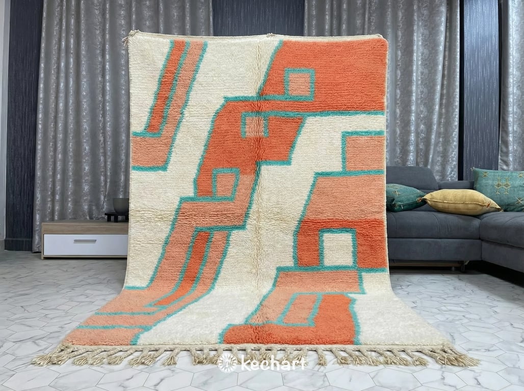 Artisan crafted Moroccan wool rug with a colorful diamond motif shown in an eclectic bedroom setting.